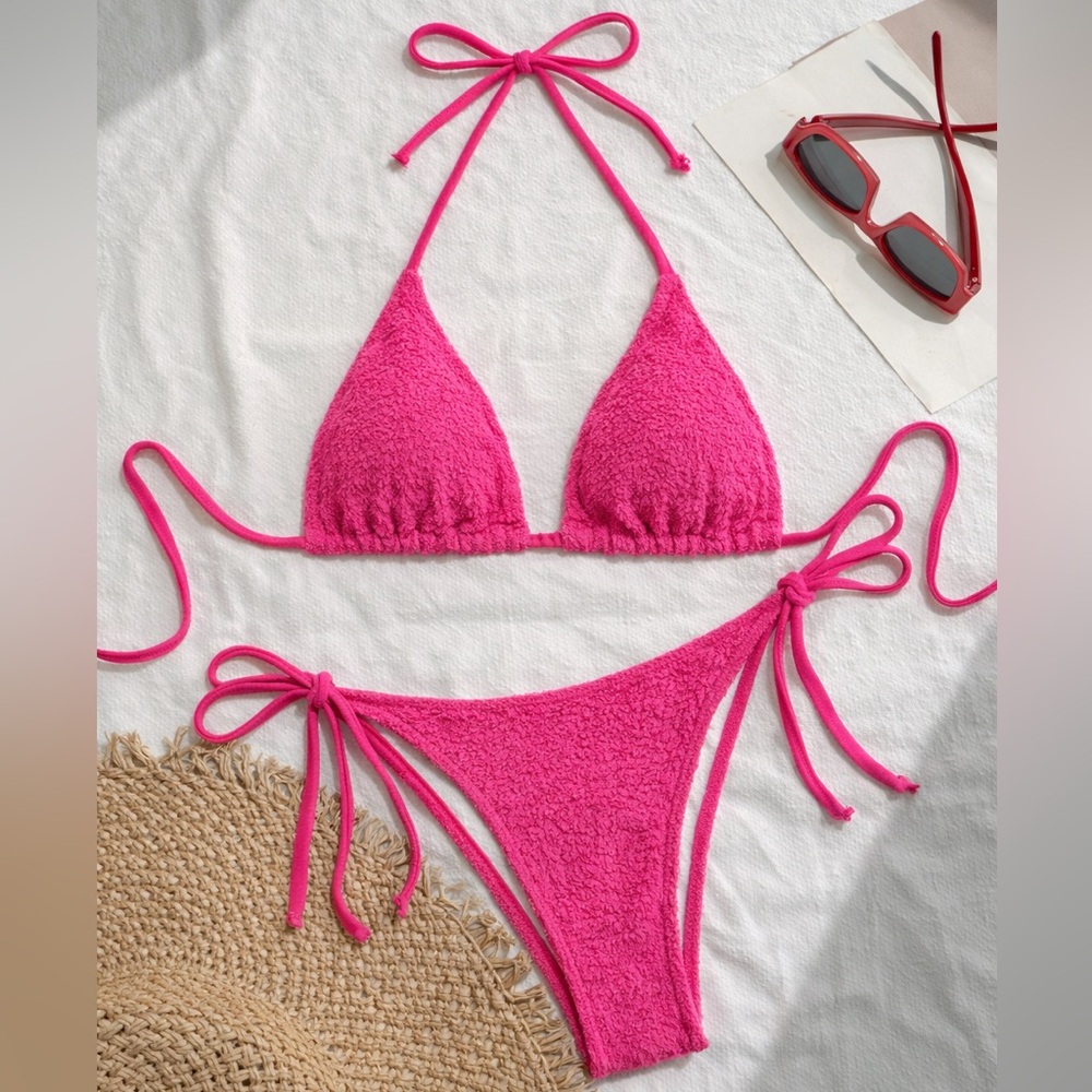 Amazon Hot Pink Textured String Bikini Set Size S | Tie Side